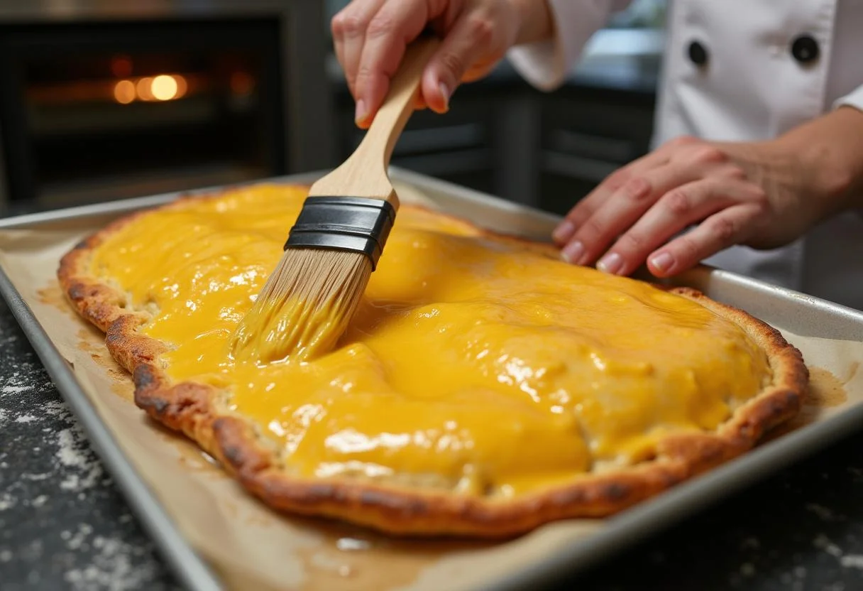 Applying egg wash to the pastry of Downton Abbey Bates' Benevolent Beef Wellington, preparing it for baking to achieve a golden finish.