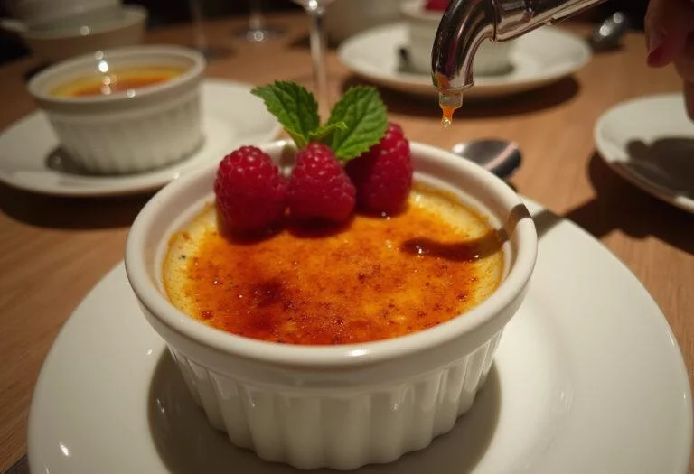Enjoy the exquisite presentation of Downton Abbey Carson's Ceremonial Crème Brûlée, featuring a perfectly scorched top and decadent garnishes.