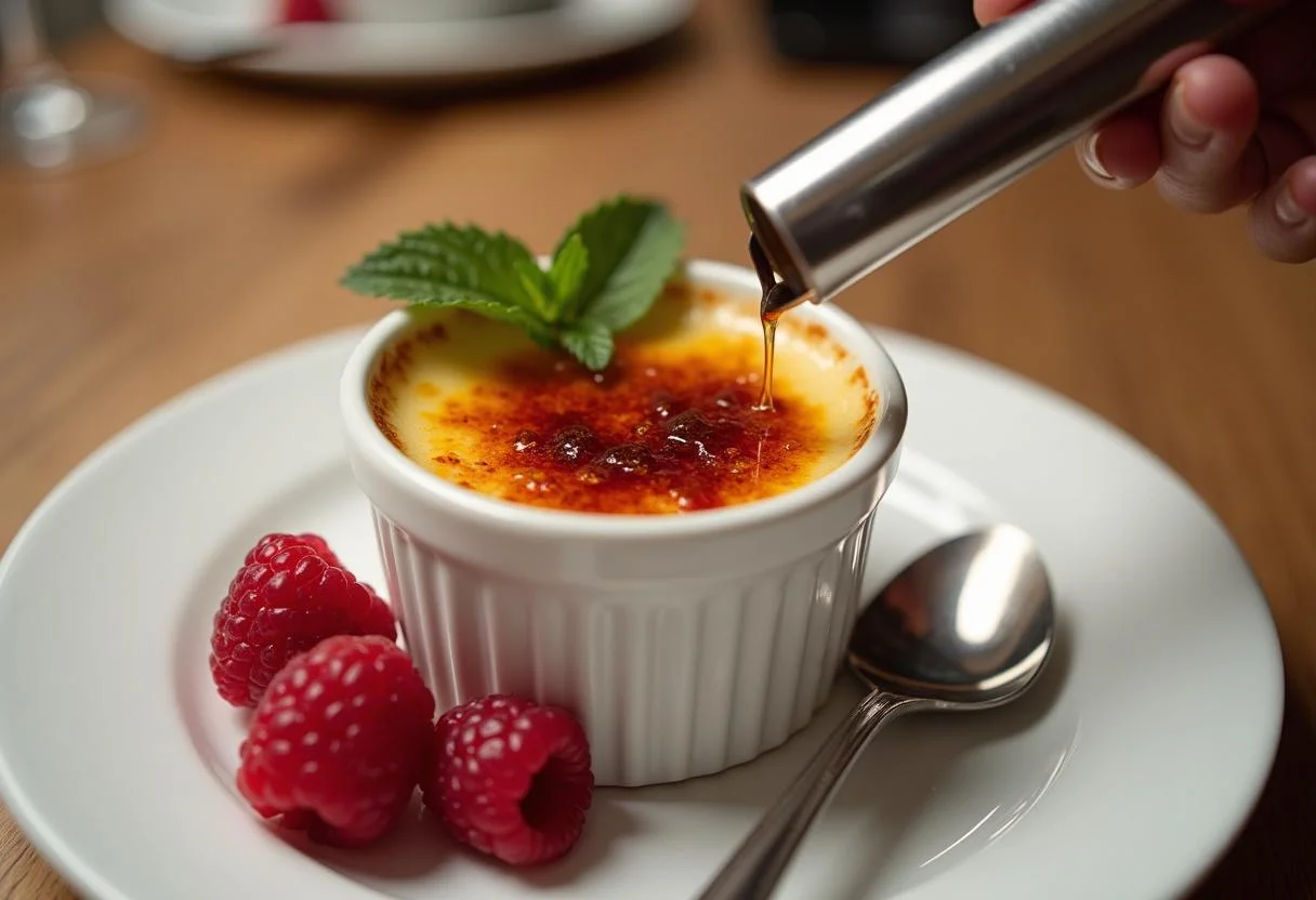 Enjoy the exquisite presentation of Downton Abbey Carson's Ceremonial Crème Brûlée, featuring a perfectly scorched top and decadent garnishes.