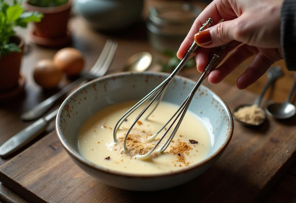 Prepare Downton Abbey Carson's Ceremonial Crème Brûlée by whisking together rich cream, sugar, and vanilla bean seeds in a rustic kitchen setting.