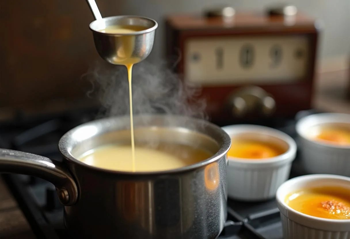 Heat the creamy mixture for Downton Abbey Carson's Ceremonial Crème Brûlée on the stove, creating an inviting atmosphere of culinary tradition.