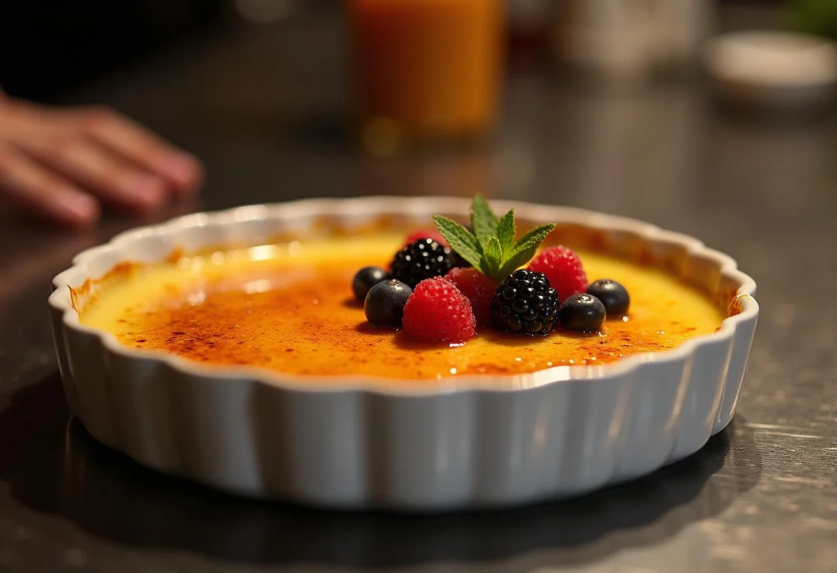 Bake the crème brûlée to perfection, creating a golden crust for Downton Abbey Carson's Ceremonial Crème Brûlée, ready for elegant serving.