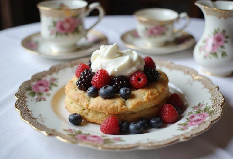 Final presentation of Downton Abbey Daisy's Dairy Delight Scones, beautifully styled for an afternoon tea experience.