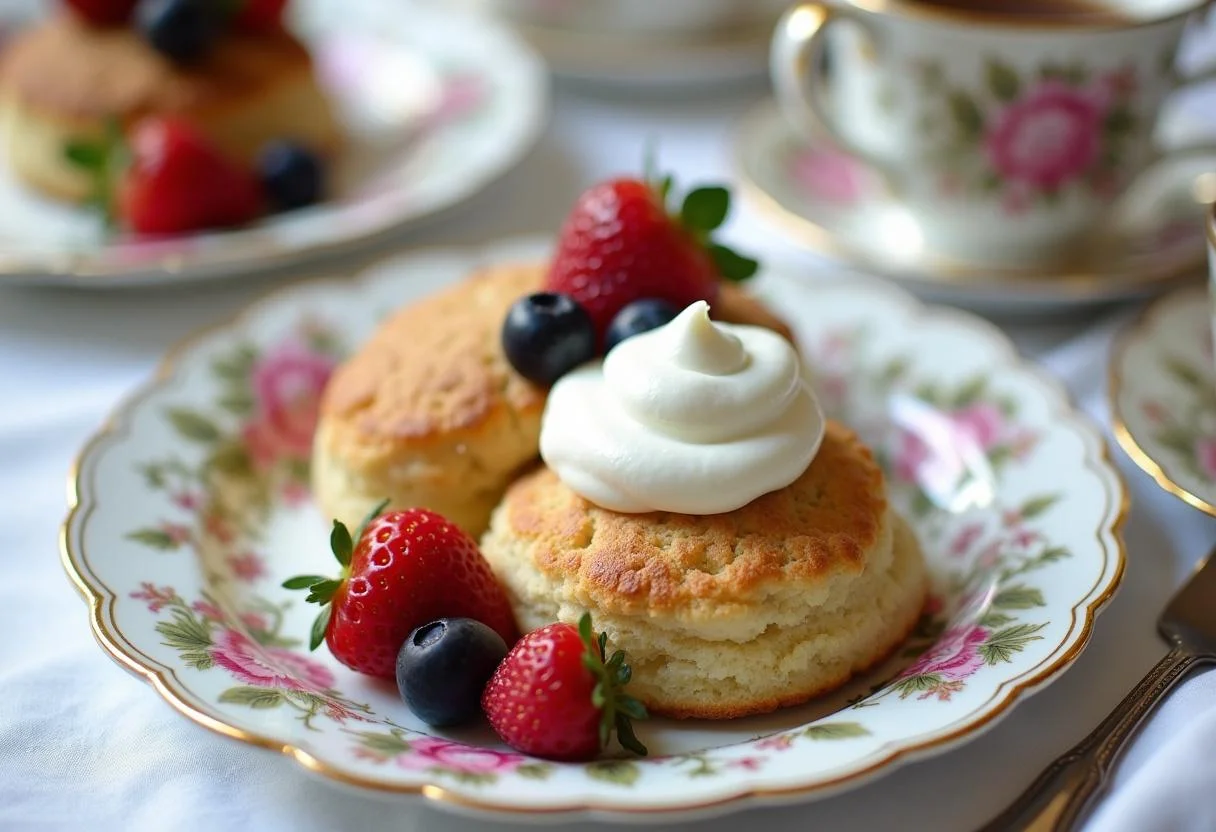Final presentation of Downton Abbey Daisy's Dairy Delight Scones, beautifully styled for an afternoon tea experience.