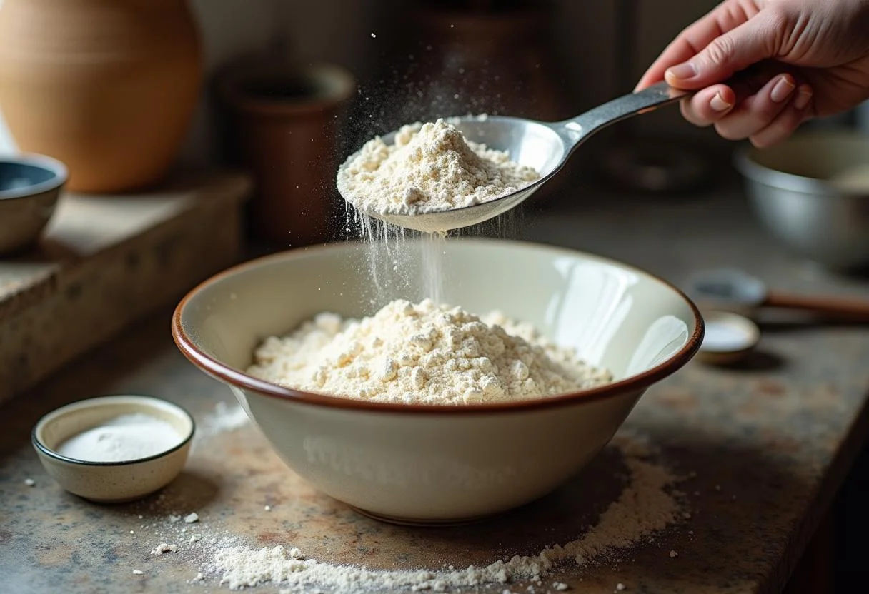 Flour sifting for Downton Abbey Daisy's Dairy Delight Scones preparation, showcasing traditional baking techniques.