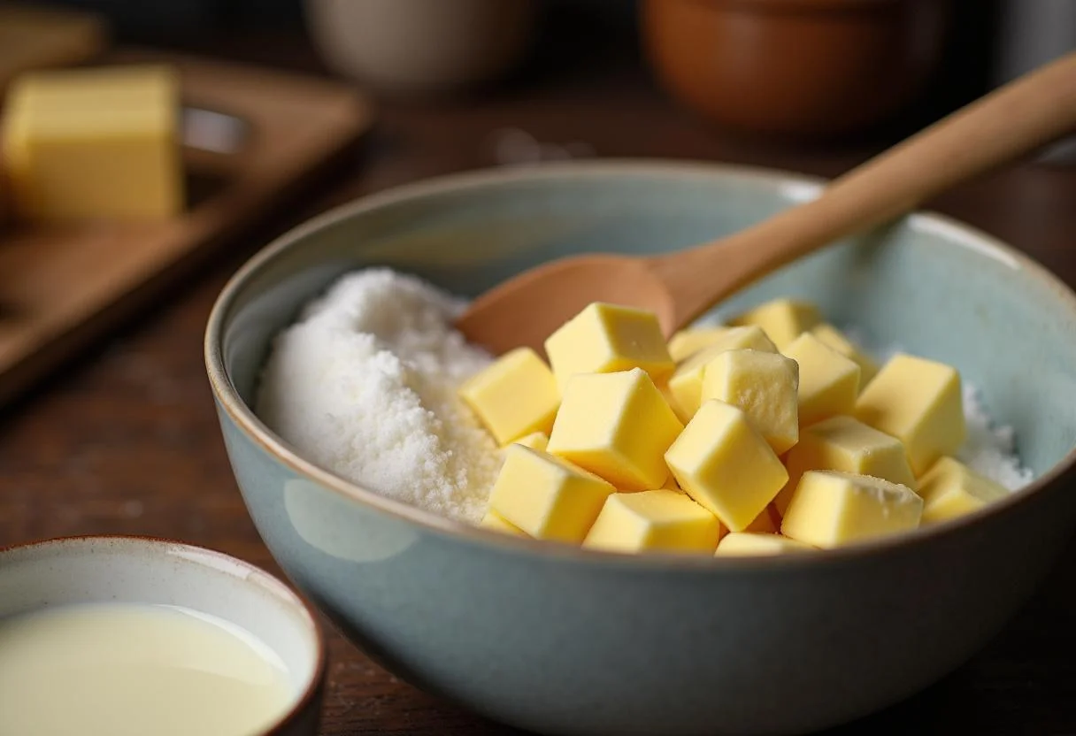 Preparing butter and sugar for Downton Abbey Daisy's Dairy Delight Scones in a charming country kitchen setting.