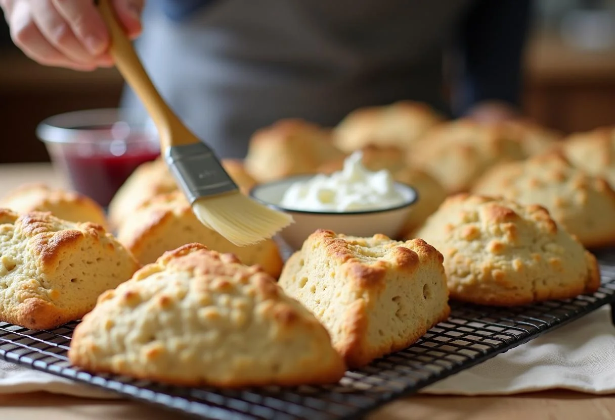 Brushing cream on Downton Abbey Daisy's Dairy Delight Scones while displaying toppings like clotted cream and jam.