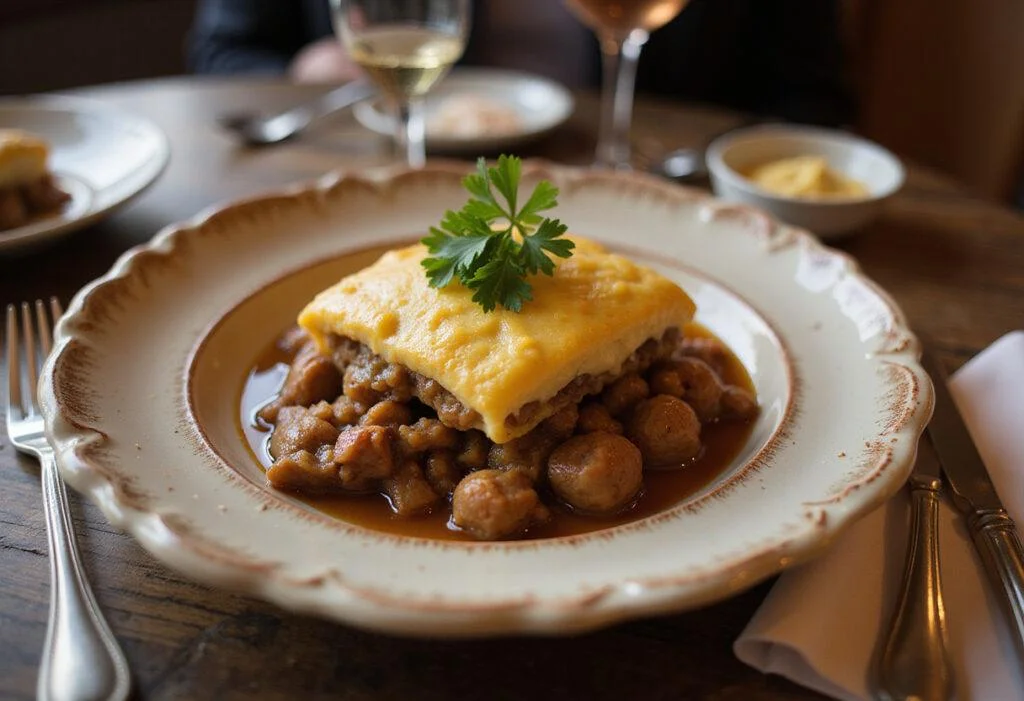 Final presentation of Downton Abbey Downstairs Shepherd's Pie, elegantly plated, showcasing the golden crust and warm filling, ready for dining.