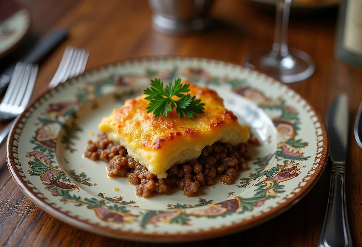 Final presentation of Downton Abbey Downstairs Shepherd's Pie, elegantly plated, showcasing the golden crust and warm filling, ready for dining.