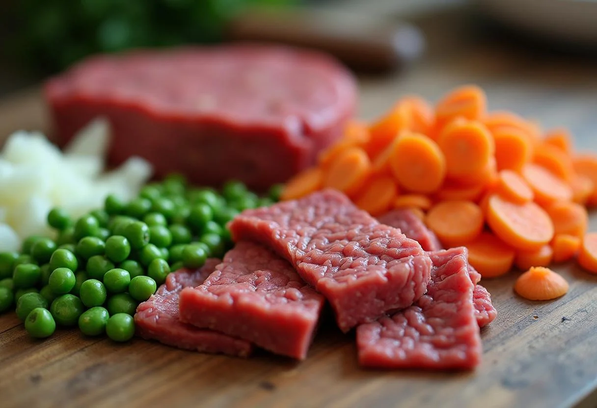 Fresh ingredients for Downton Abbey Downstairs Shepherd's Pie, including ground beef, diced vegetables, and peas prepared on a rustic kitchen countertop.
