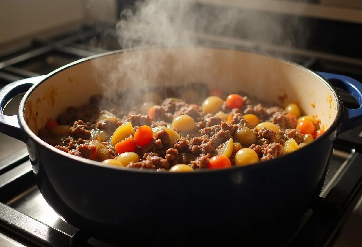 Savory browned ground beef and sautéed vegetables in a pot, cooking for a traditional Downton Abbey Downstairs Shepherd's Pie on a stove.
