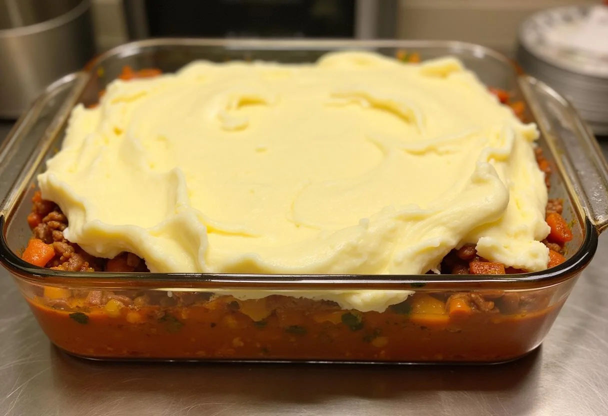 A baking dish loaded with savory meat and vegetable filling under a layer of creamy mashed potatoes, prepared for traditional Downton Abbey Downstairs Shepherd's Pie.
