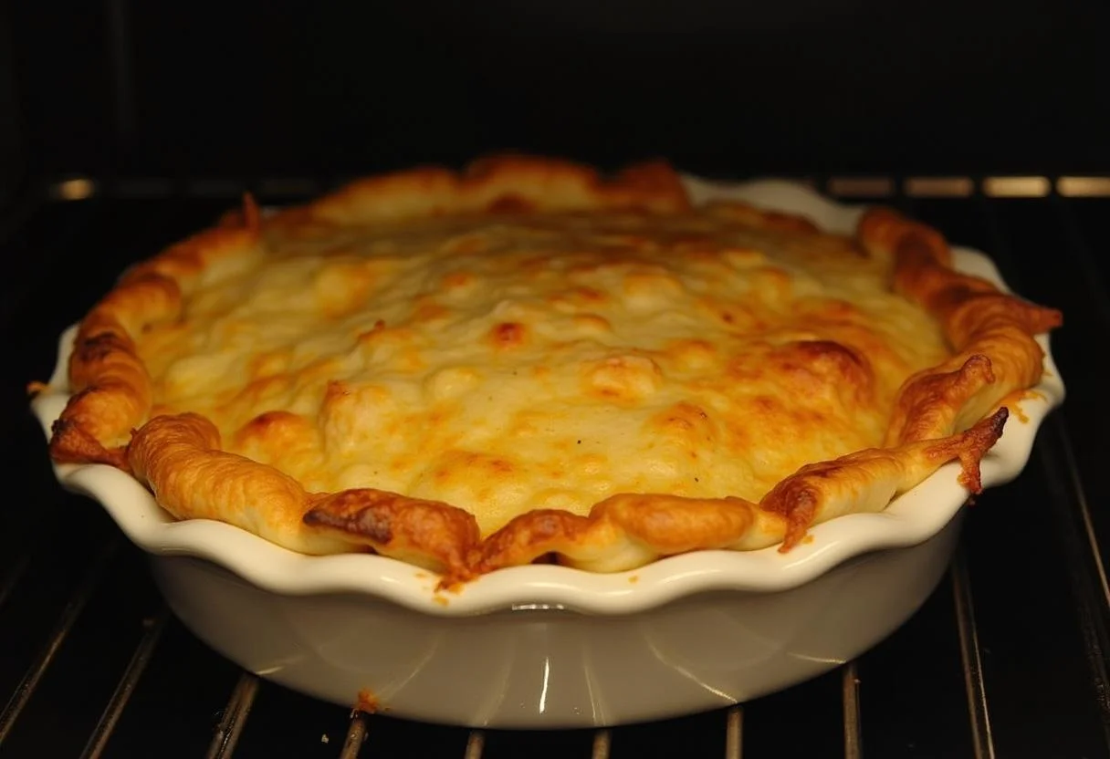 Shepherd's Pie baking in the oven, golden-brown topping forming, highlighting the classic Downton Abbey Downstairs Shepherd's Pie preparation process.
