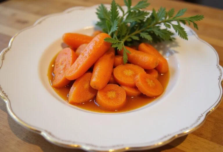 Final presentation of Downton Abbey Grantham's Grand Glazed Carrots on fine china for a stunning dining experience.