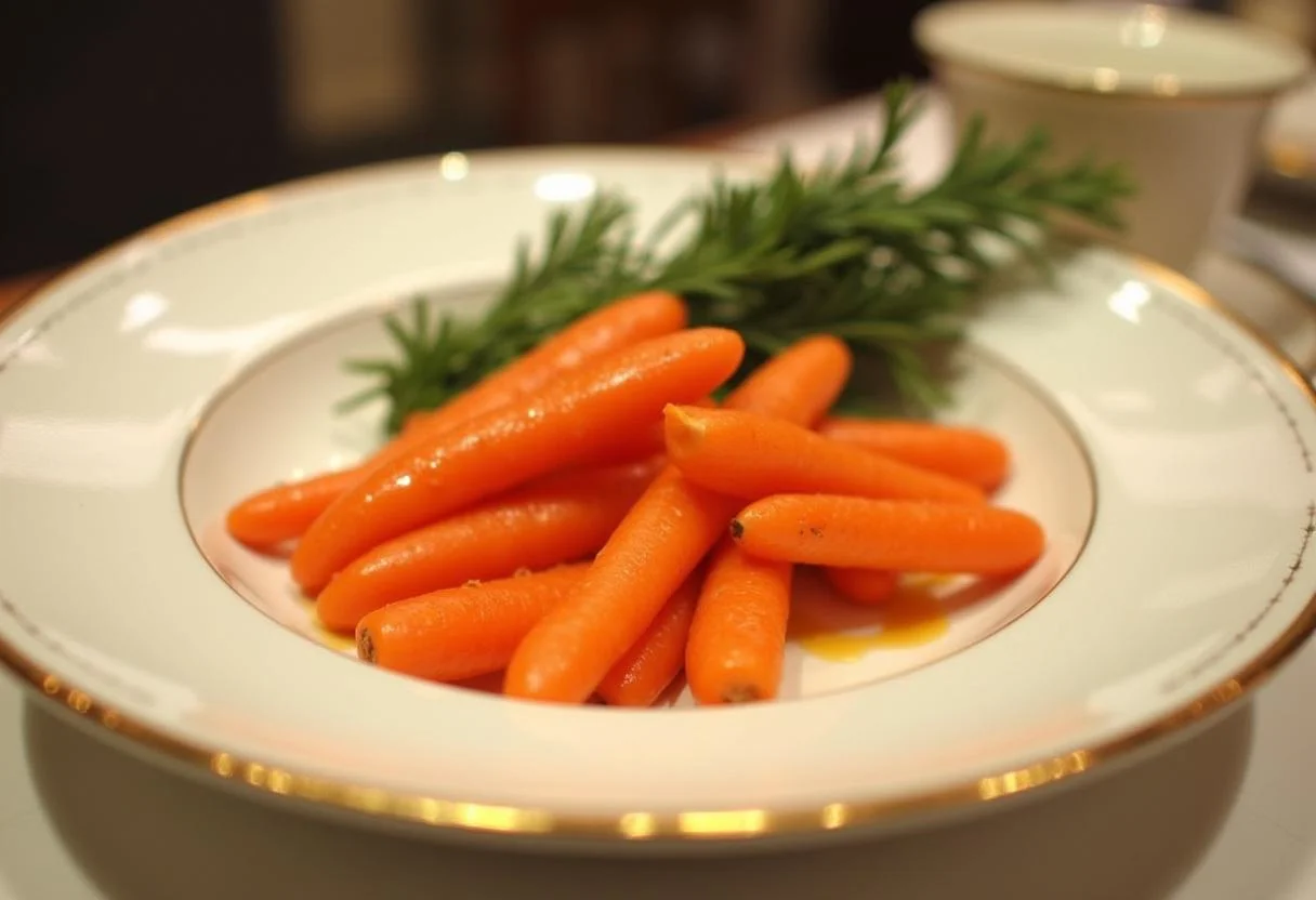 Final presentation of Downton Abbey Grantham's Grand Glazed Carrots on fine china for a stunning dining experience.