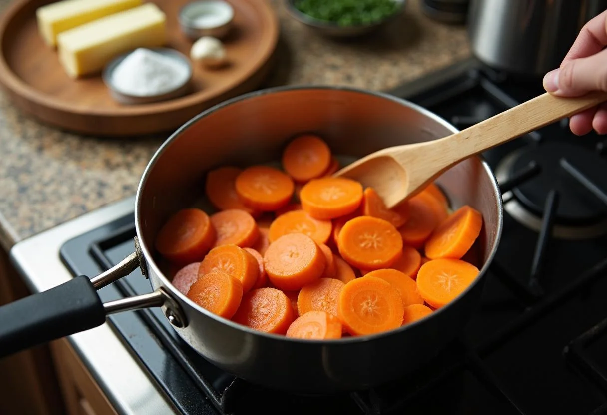 Downton Abbey Grantham's Grand Glazed Carrots preparation with fresh carrots, sugar, and butter for a classic British dish.
