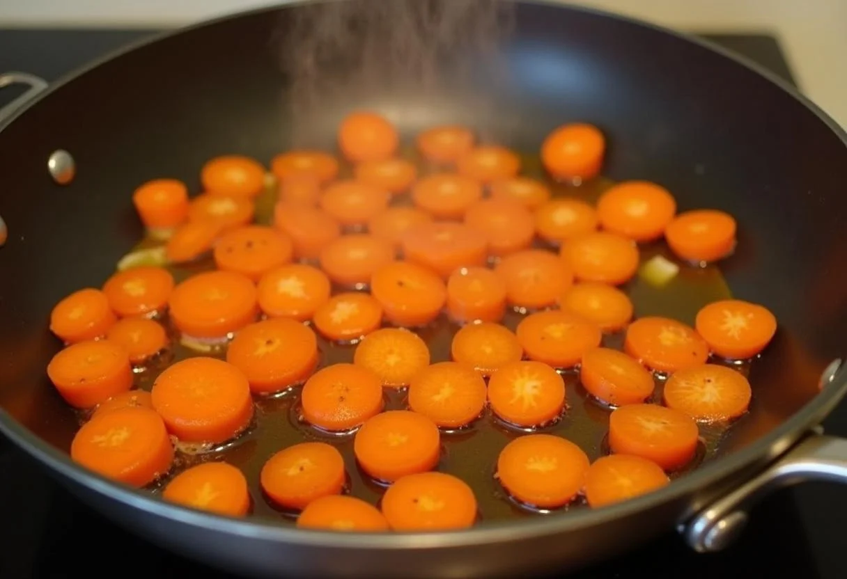 Sautéing sliced carrots in butter for Downton Abbey Grantham's Grand Glazed Carrots, showcasing classic British cooking techniques.