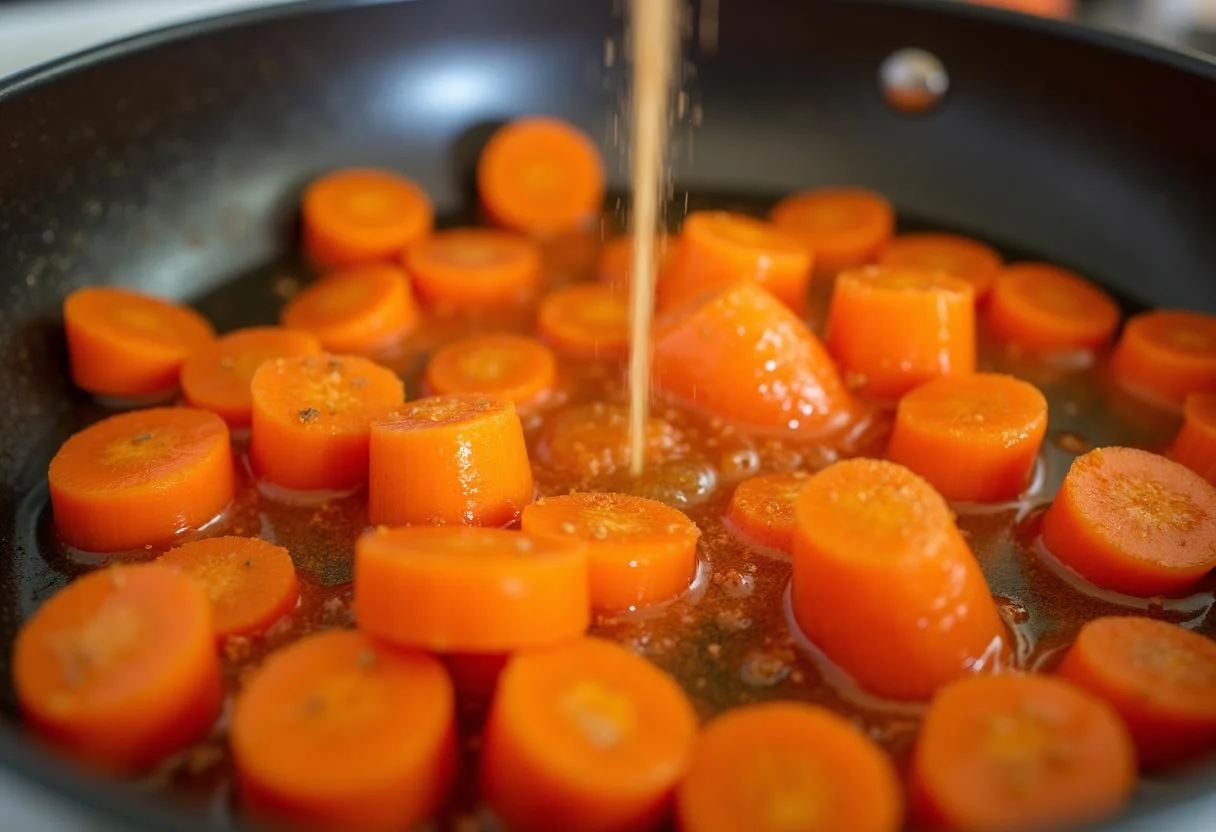 Caramelizing carrots with sugar for Downton Abbey Grantham's Grand Glazed Carrots, highlighting the glossy glaze process.