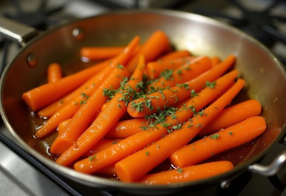 Finishing touches on Downton Abbey Grantham's Grand Glazed Carrots with fresh herbs and a shiny glaze, perfect for a grand meal.