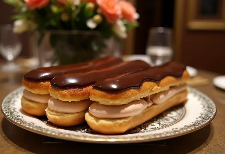 Deliciously decorated Downton Abbey Lady Mary's Elegant Éclairs beautifully arranged on a platter, showcasing the final exquisite presentation.