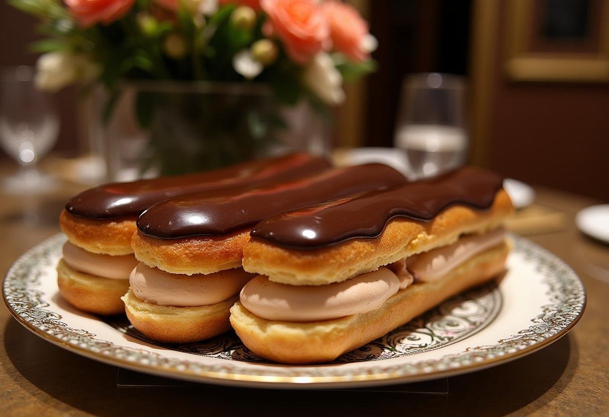 Deliciously decorated Downton Abbey Lady Mary's Elegant Éclairs beautifully arranged on a platter, showcasing the final exquisite presentation.