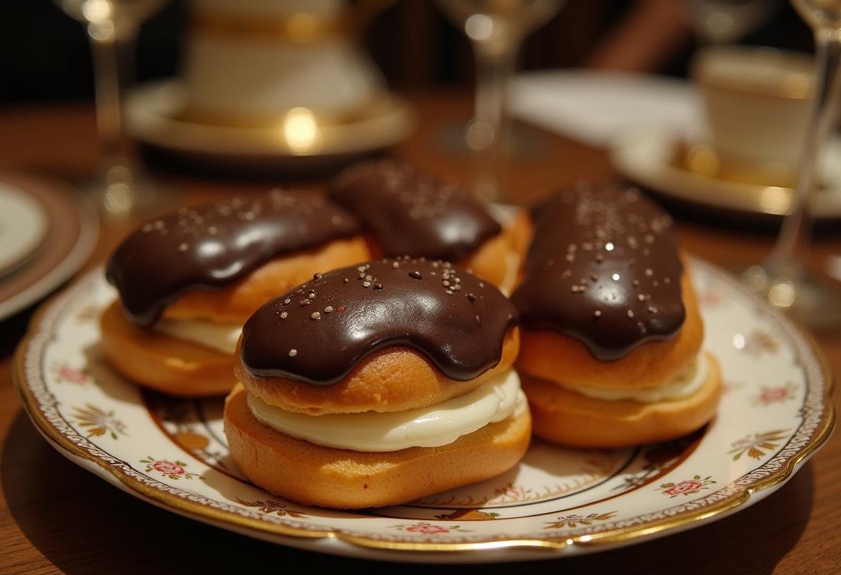 Deliciously decorated Downton Abbey Lady Mary's Elegant Éclairs beautifully arranged on a platter, showcasing the final exquisite presentation.