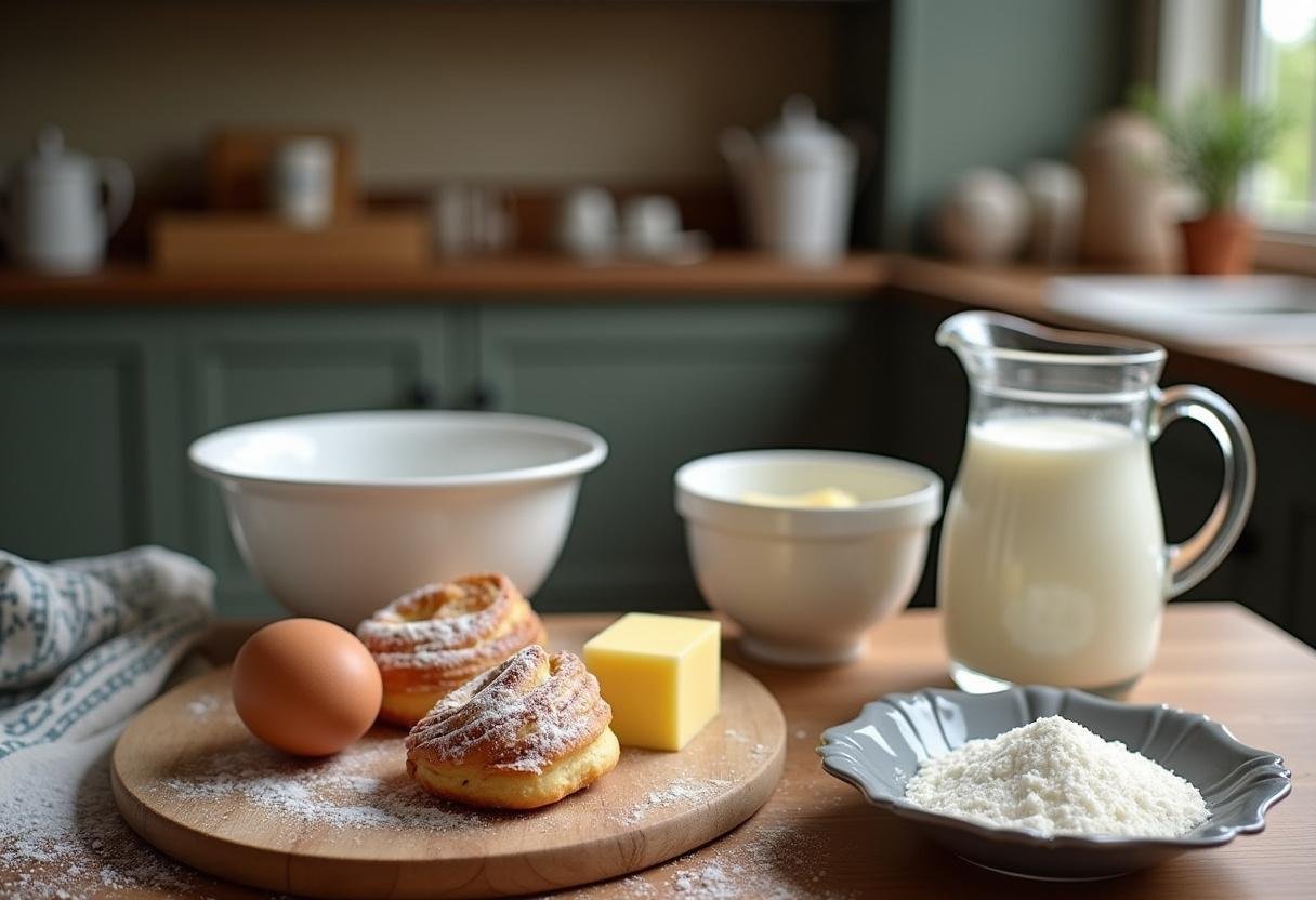 Ingredients for Downton Abbey Lady Mary's Elegant Éclairs including flour, eggs, butter, and sugar in an elegant kitchen setup.