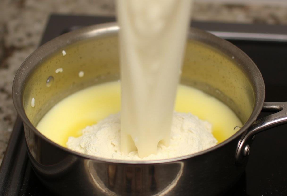 Melting butter and boiling water in a pot for making Downton Abbey Lady Mary's Elegant Éclairs batter, showing a classic cooking scene.