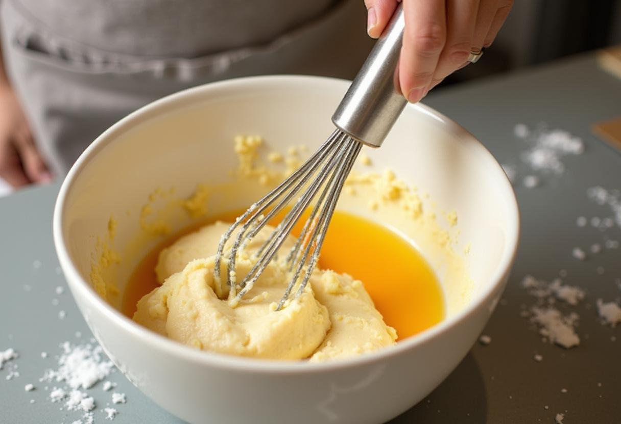 Preparation of choux pastry for Downton Abbey Lady Mary's Elegant Éclairs in a mixing bowl showcasing the dough texture and an elegant whisk.