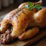 The final presentation of Downton Abbey Mrs. Patmore's Proper Roast Chicken, highlighting its crispy skin and delicious look.