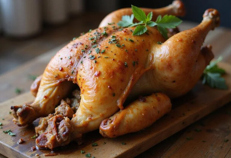 The final presentation of Downton Abbey Mrs. Patmore's Proper Roast Chicken, highlighting its crispy skin and delicious look.
