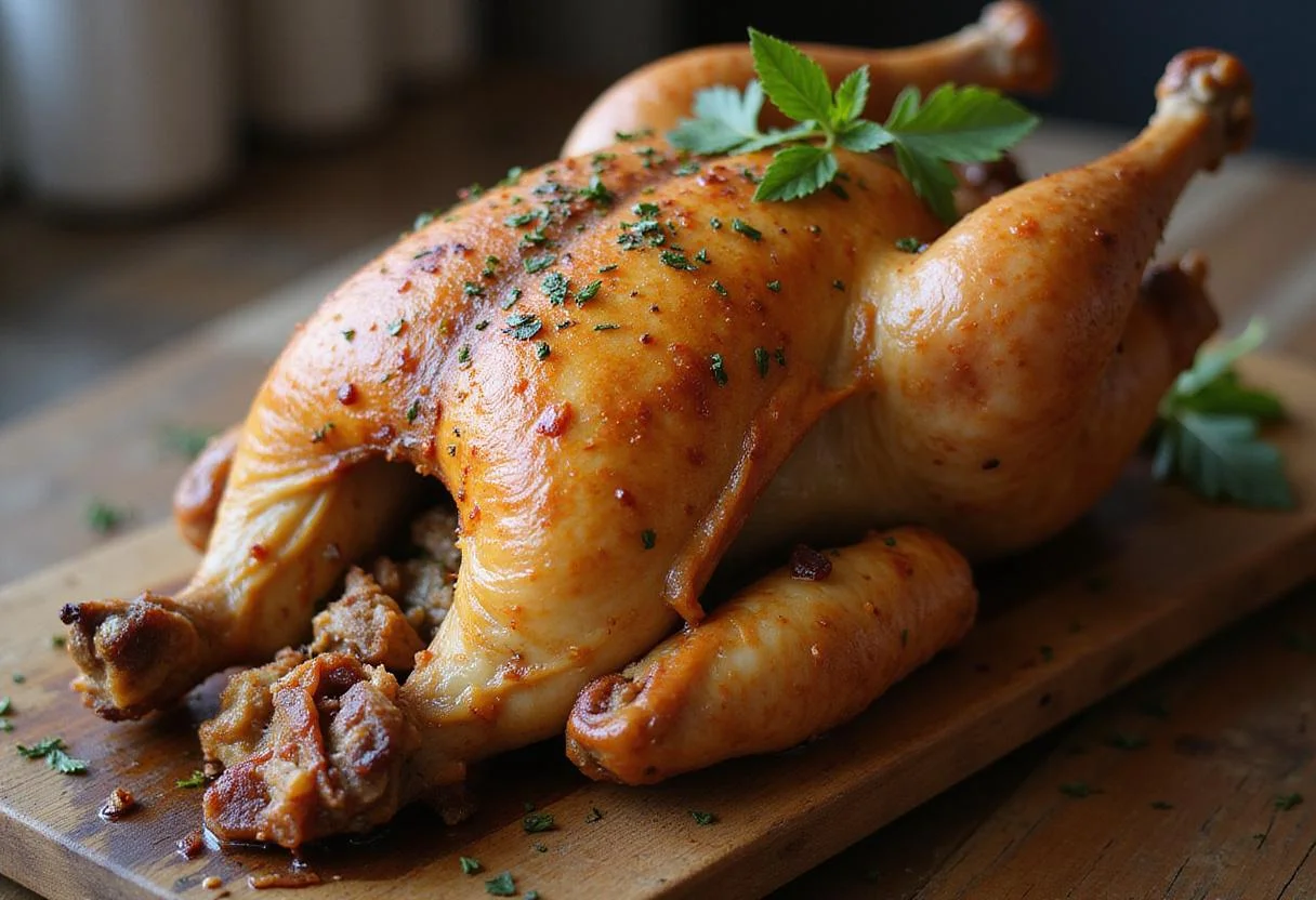 The final presentation of Downton Abbey Mrs. Patmore's Proper Roast Chicken, highlighting its crispy skin and delicious look.