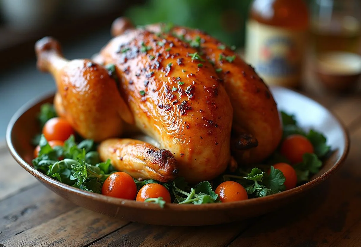 The final presentation of Downton Abbey Mrs. Patmore's Proper Roast Chicken, highlighting its crispy skin and delicious look.