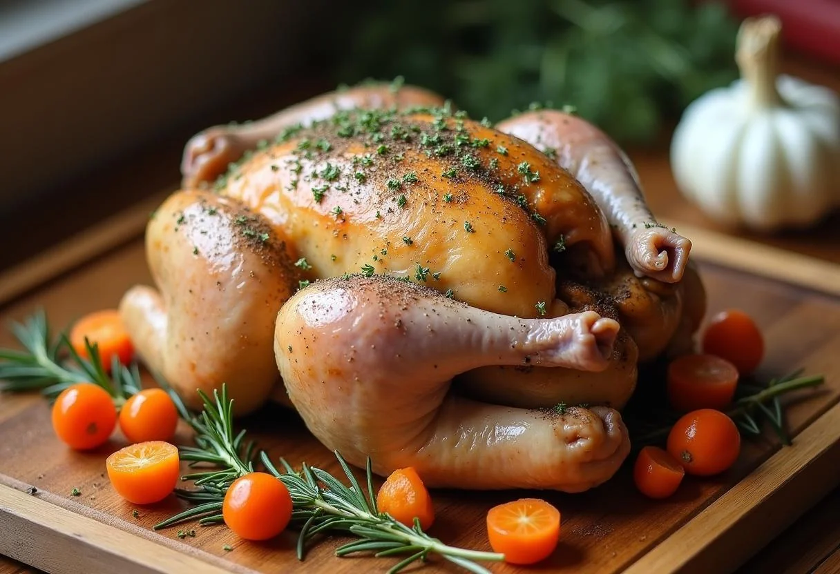 Seasoning a whole chicken for Downton Abbey Mrs. Patmore's Proper Roast Chicken with fresh herbs and vegetables.