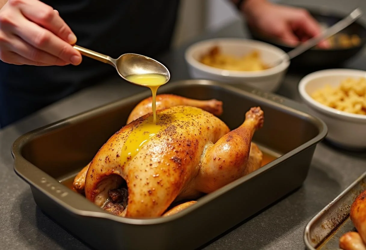 Preparing to roast a chicken with melted butter for Downton Abbey Mrs. Patmore's Proper Roast Chicken, highlighting the basting process.