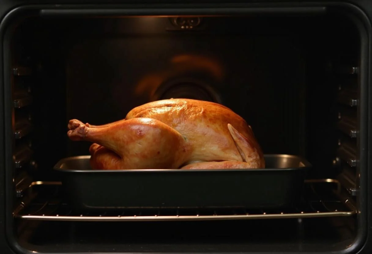 A roasting chicken in the oven, showcasing the cooking process of Downton Abbey Mrs. Patmore's Proper Roast Chicken with golden brown skin.