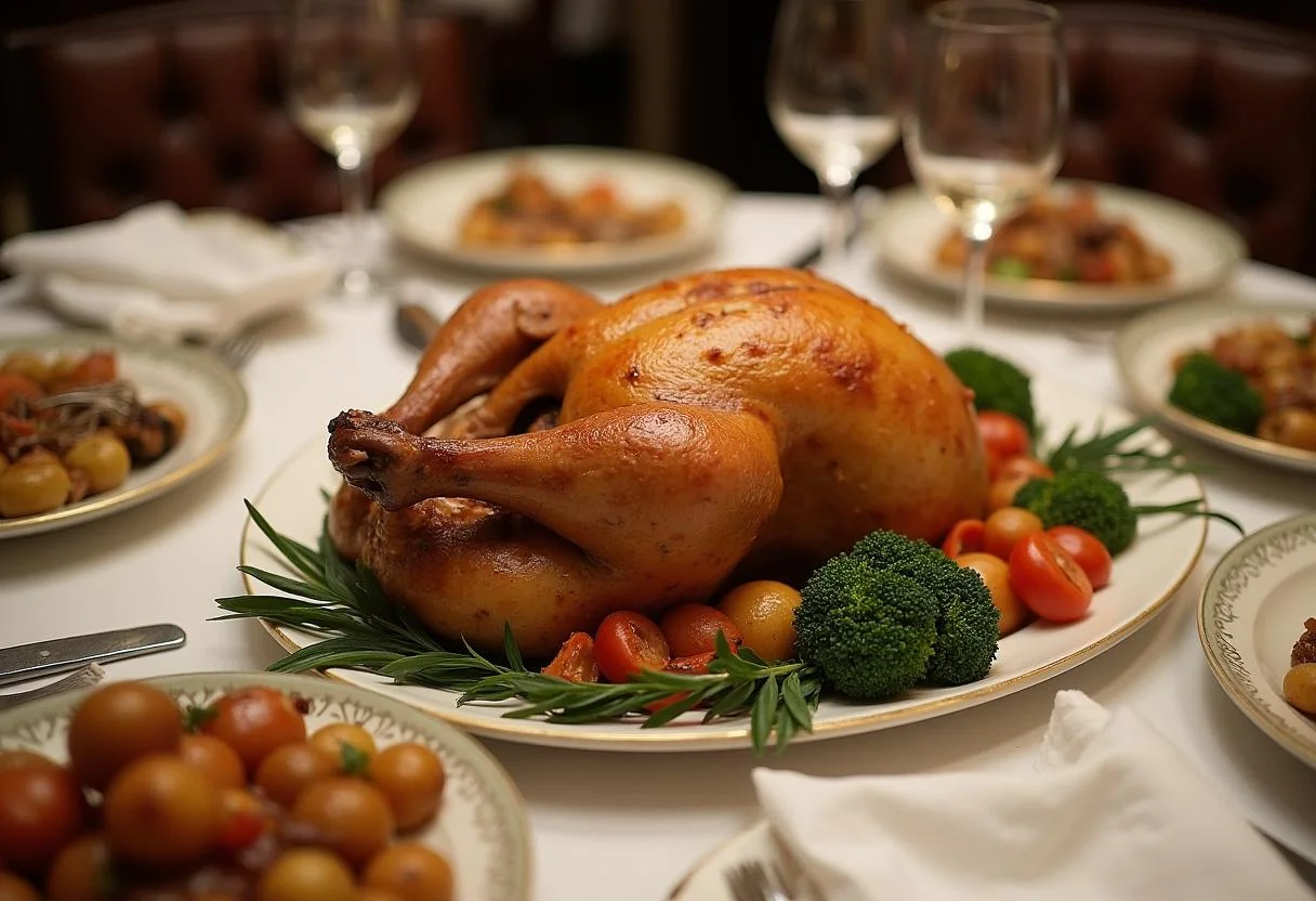 Beautifully arranged table setting with Downton Abbey Mrs. Patmore's Proper Roast Chicken as the centerpiece, exuding a classic dining experience.