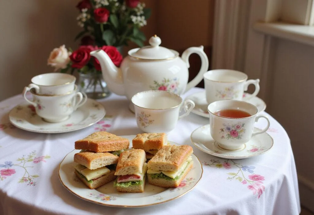 Completed Downton Abbey Upstairs Afternoon Tea Sandwiches displayed elegantly with fine china in an afternoon tea setting.