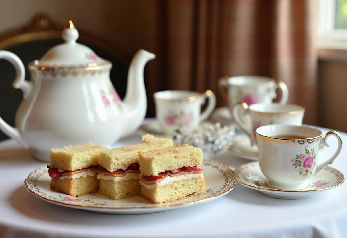 Completed Downton Abbey Upstairs Afternoon Tea Sandwiches displayed elegantly with fine china in an afternoon tea setting.
