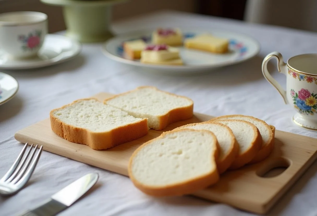 Preparing crustless white bread for Downton Abbey Upstairs Afternoon Tea Sandwiches, an elegant setup with fine china.