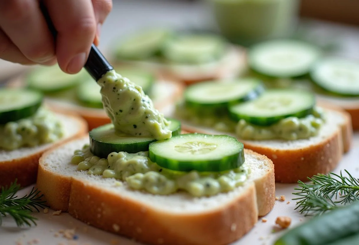 Spreading cucumber and cream cheese filling on white bread for Downton Abbey Upstairs Afternoon Tea Sandwiches, with fresh herbs nearby.