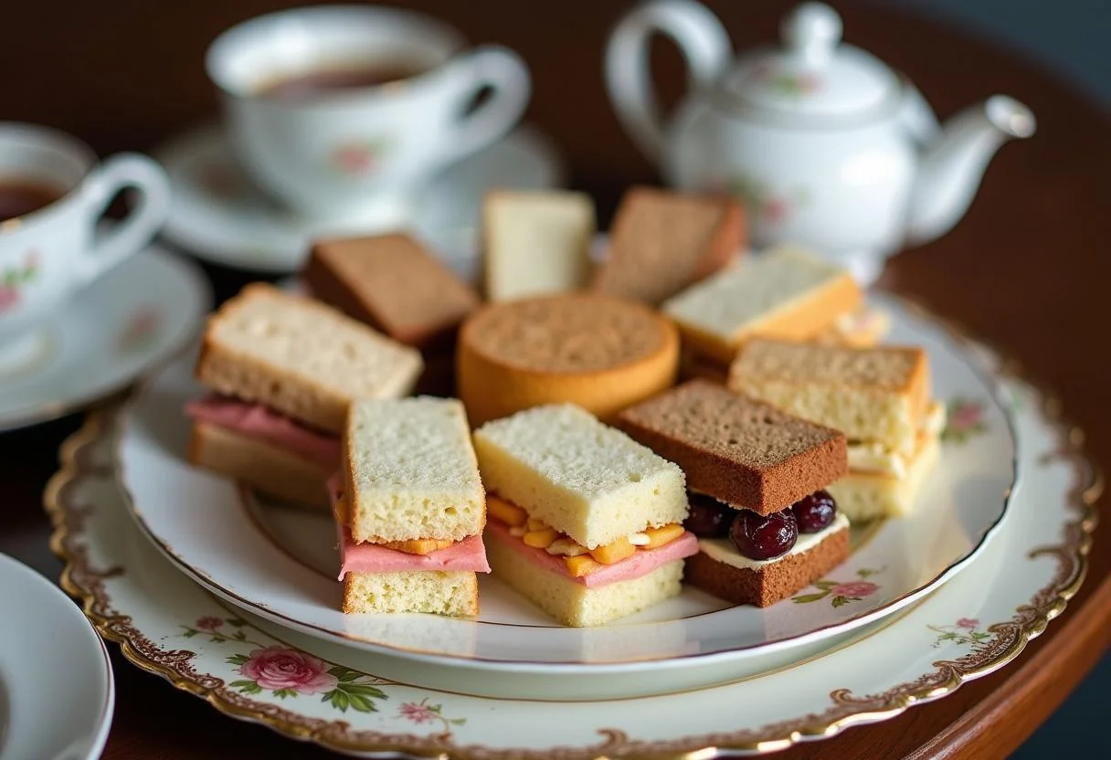 Artfully arranged Downton Abbey Upstairs Afternoon Tea Sandwiches on a vintage serving tray, perfect for an elegant tea party.