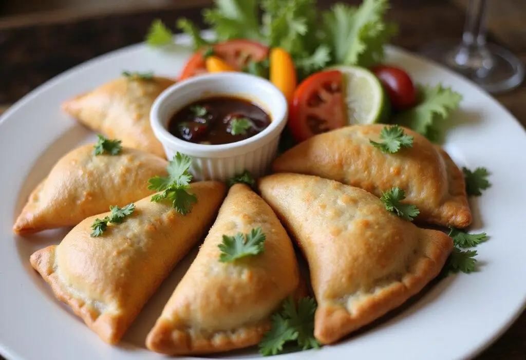 Delicious Dragon Ball Android 18's Energy Drain Empanadas served beautifully on a plate with dipping sauce.