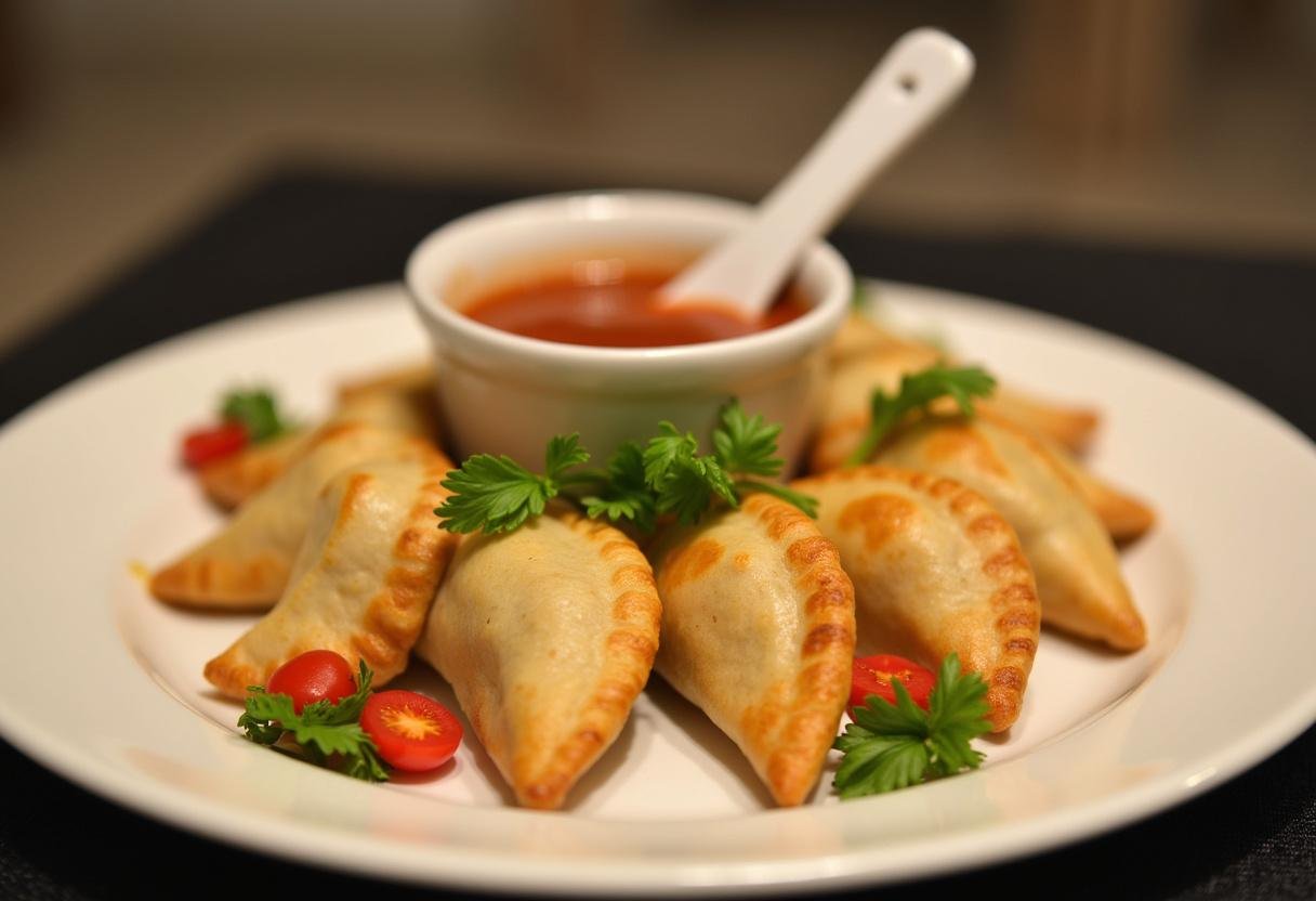 Delicious Dragon Ball Android 18's Energy Drain Empanadas served beautifully on a plate with dipping sauce.