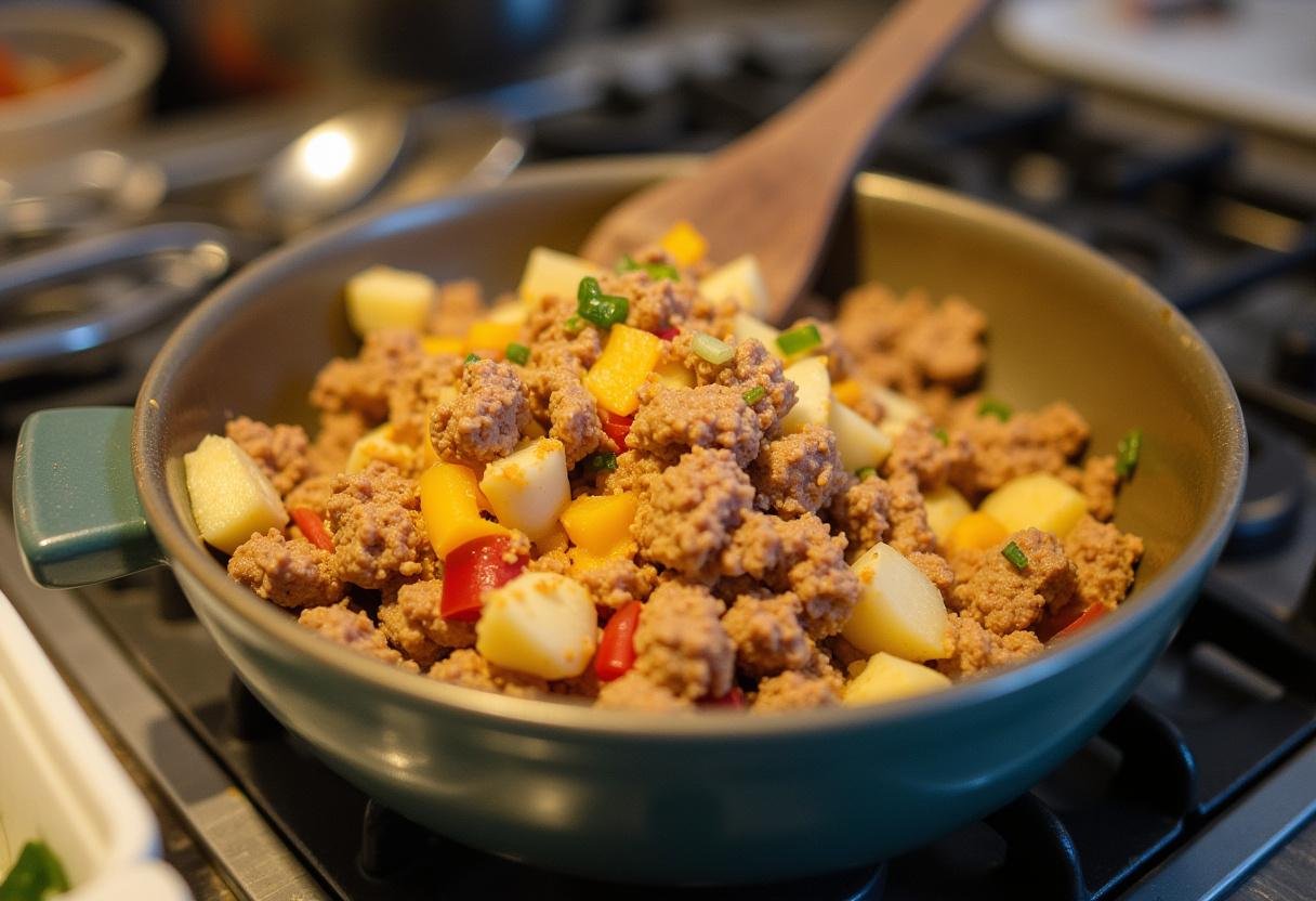 Bowl of savory meat and cheese filling for Dragon Ball Android 18's Energy Drain Empanadas on kitchen counter.