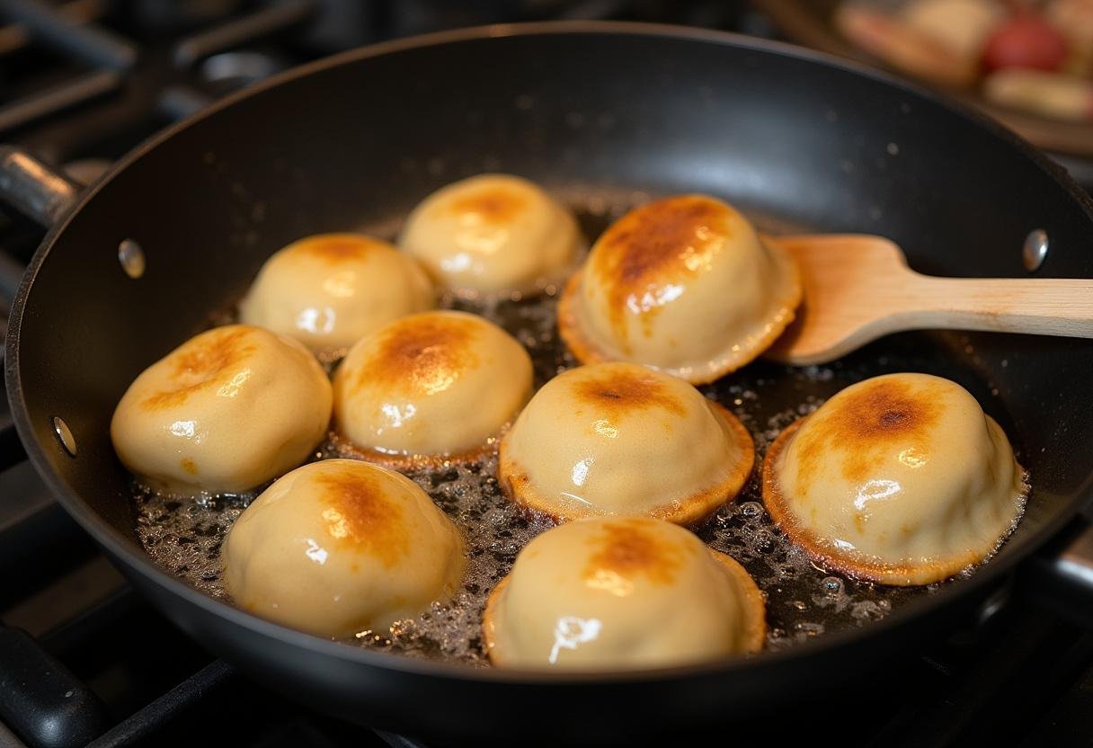 Frying golden-brown empanadas for Dragon Ball Android 18's Energy Drain Empanadas on the stove.
