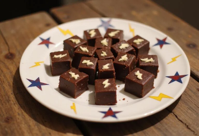 Delicious squares of Dragon Ball Beerus' Destruction Divinity Fudge displayed creatively on a plate.