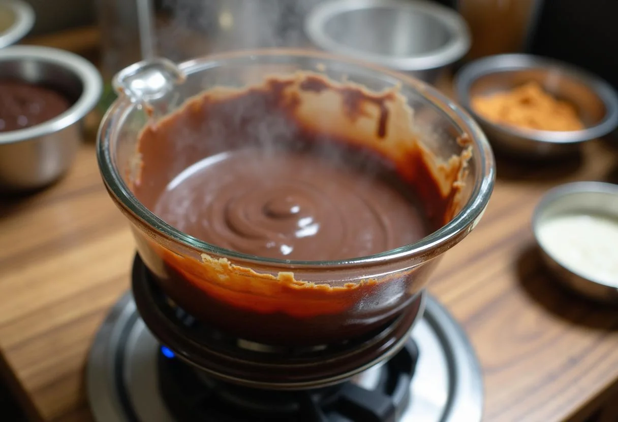 Melted chocolate in a mixing bowl for Dragon Ball Beerus' Destruction Divinity Fudge preparation.