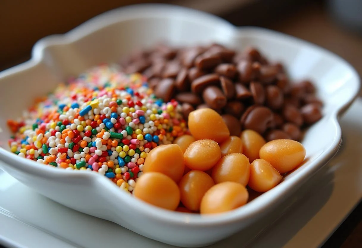Colorful toppings for Dragon Ball Beerus' Destruction Divinity Fudge ingredients laid out for mixing.