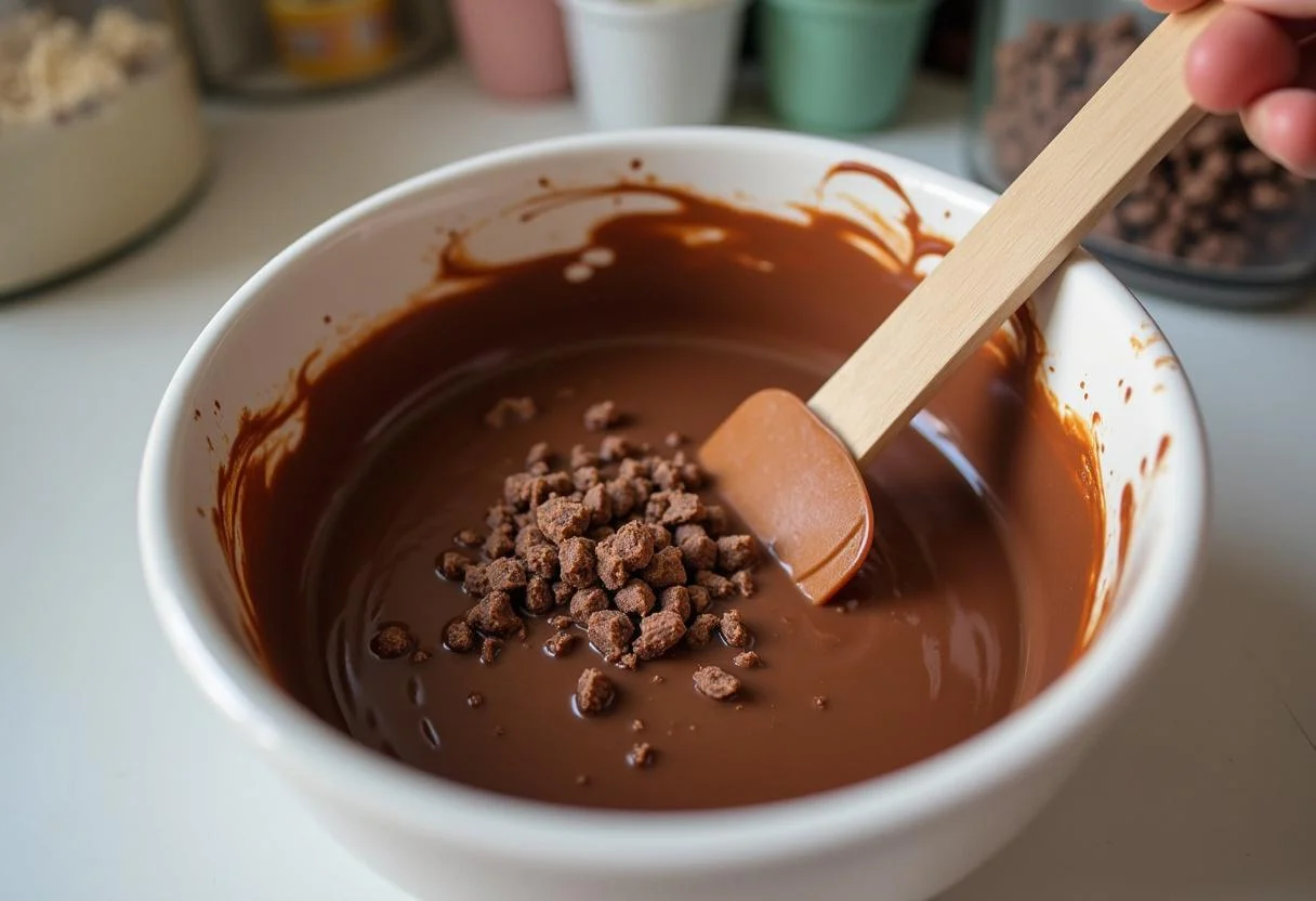 Stirring melted chocolate into a fudge mixture for Dragon Ball Beerus' Destruction Divinity Fudge.